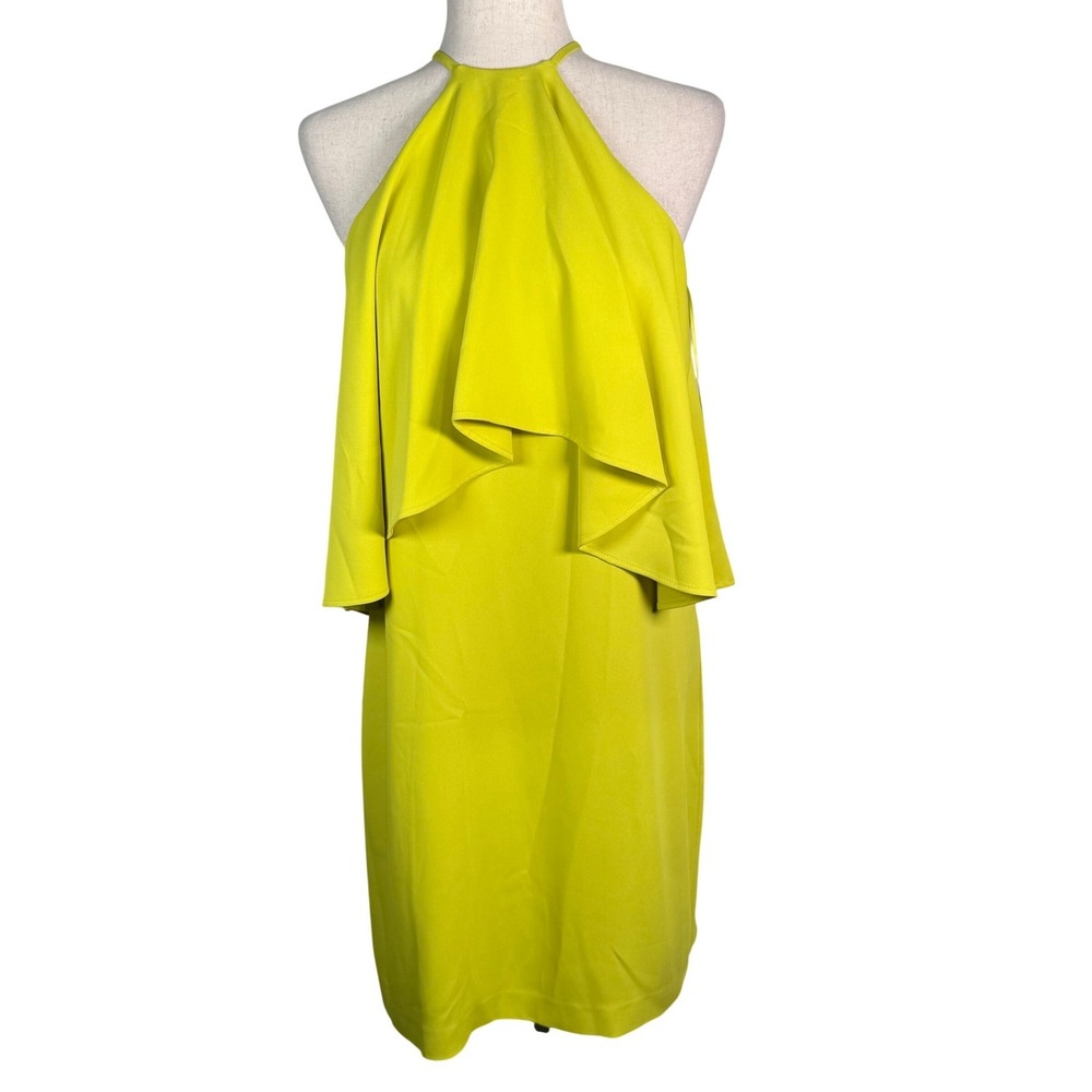 Trina Turk Dress Shift Womens 4 Yellow Crepe Halter Ruffle Cocktail Party Modern